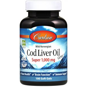 Carlson Labs Wild Norwegian Cod Liver Oil Gems, 1000mg Omega 3 z dzikiego dorsza
